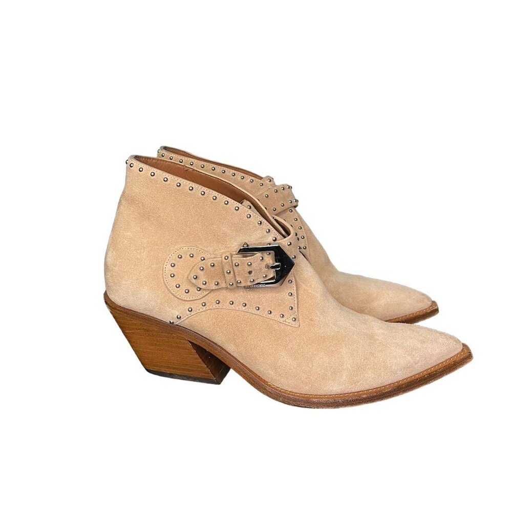 Givenchy Women's Studded Buckle Suede Ankle Booties Nude Tan 36 Boho Western